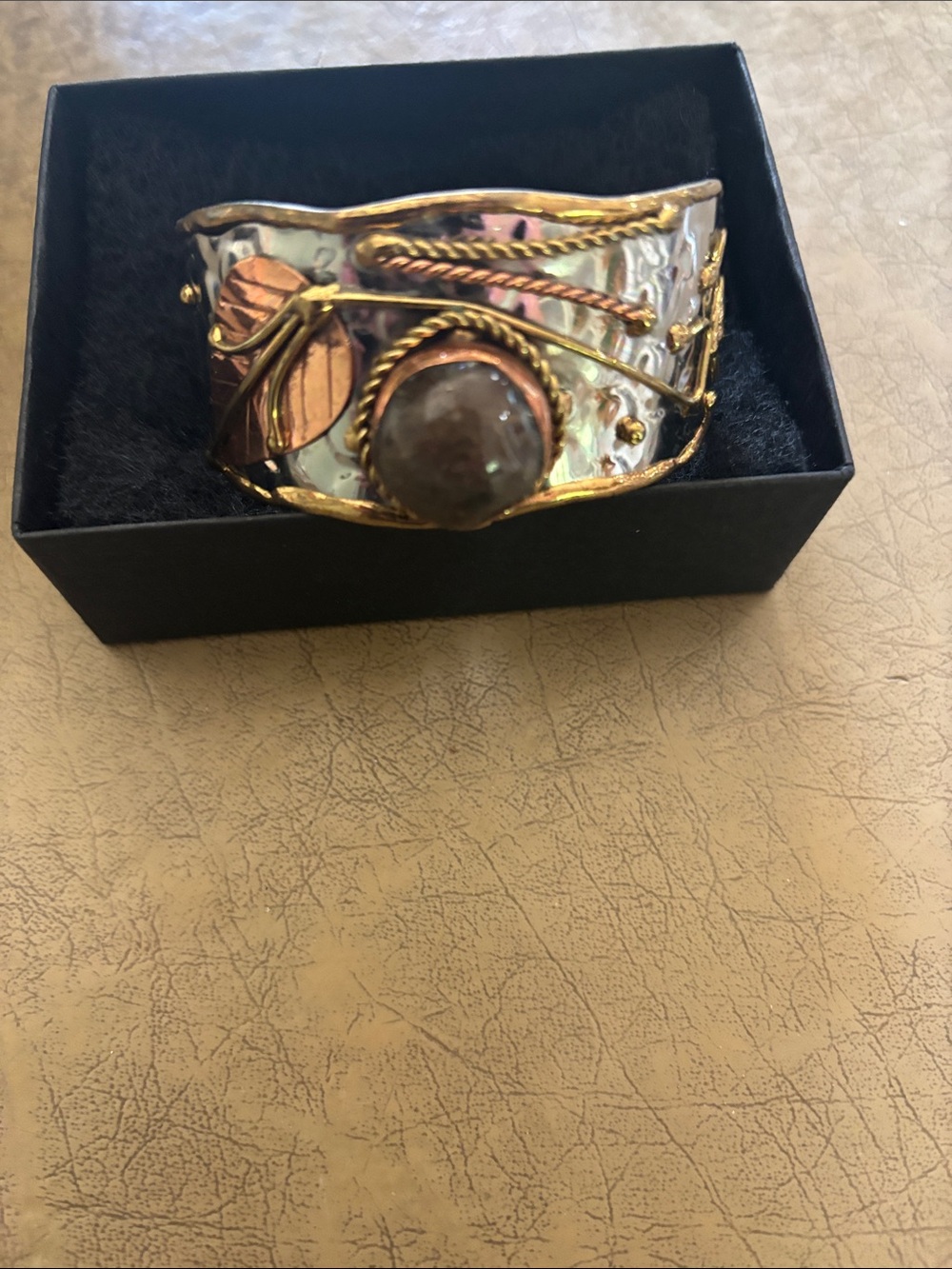 Artisan Handcrafted Gold & Silver Mixed-Metal Cuff Bracelet with Stone